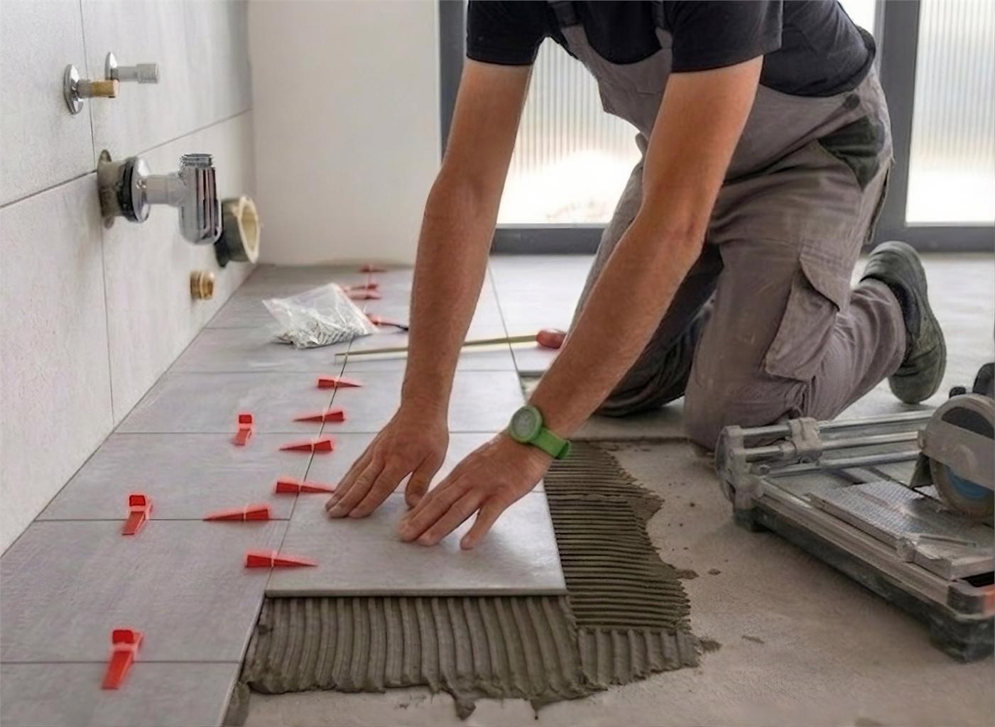 Posa del pavimento in gres di un bagno, con distanziatori a croce e collante steso a pettine sul massetto